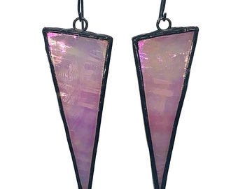 Triangle Glass Earrings, Stained Glass Earrings, Pink Iridescent Earrings