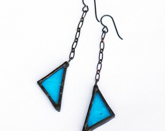 Stained Glass Earrings- Triangle Earrings- Chain Earrings- Long Dangle Earrings,  Statement Earrings