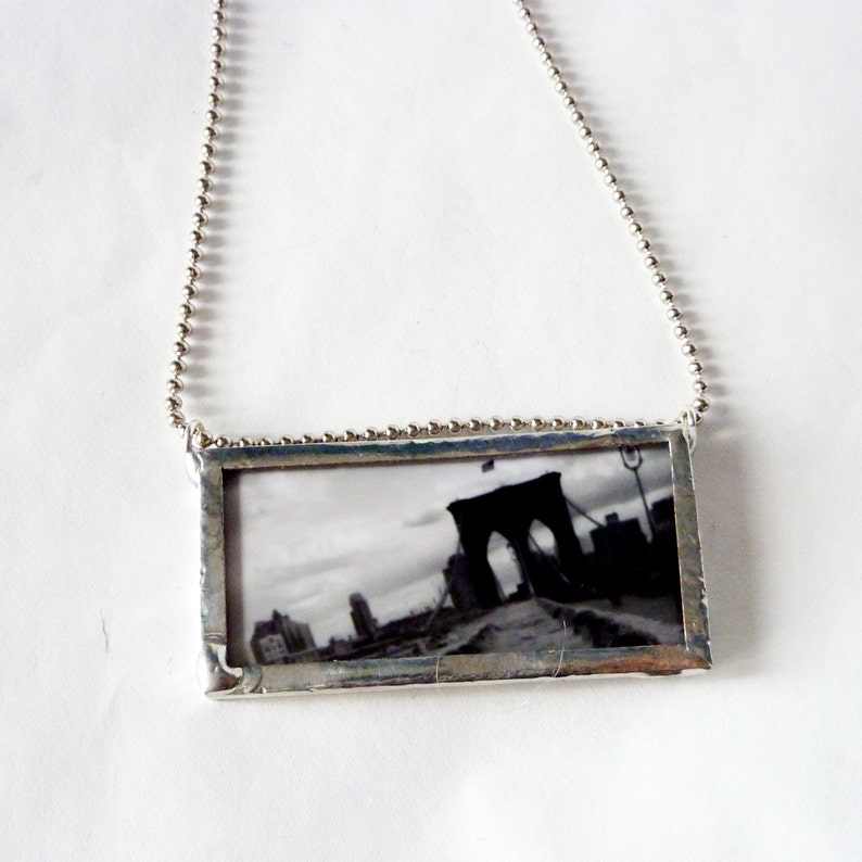 Brooklyn Brooklyn Bridge Pendant in Black and White Stained Glass Reversible Photo Necklace image 3