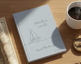 Hardcover Matte Journal Pastel Green Sailboat Minimalist Line Art Personalized Custom Name Ocean Lover Gift Sailing Adventure Gift