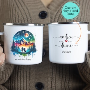 Personalized camping mug for couples engagement gifts for travel lovers cup for wedding enamel mugs for camping adventure begins anniversary