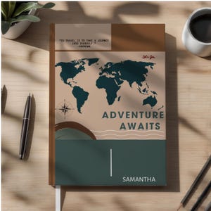 Carnet de voyage personnalisé à couverture rigide L'aventure vous attend Carnet de voyage vert pour les amateurs de voyage, cadeau pour livre d'explorateurs de carte du monde