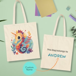 Sac fourre-tout personnalisé pour enfants Sac prénom personnalisé pour garderie scolaire Camp d'été en plein air Cadeau pour garçons Filles tortue aquarelle animaux marins