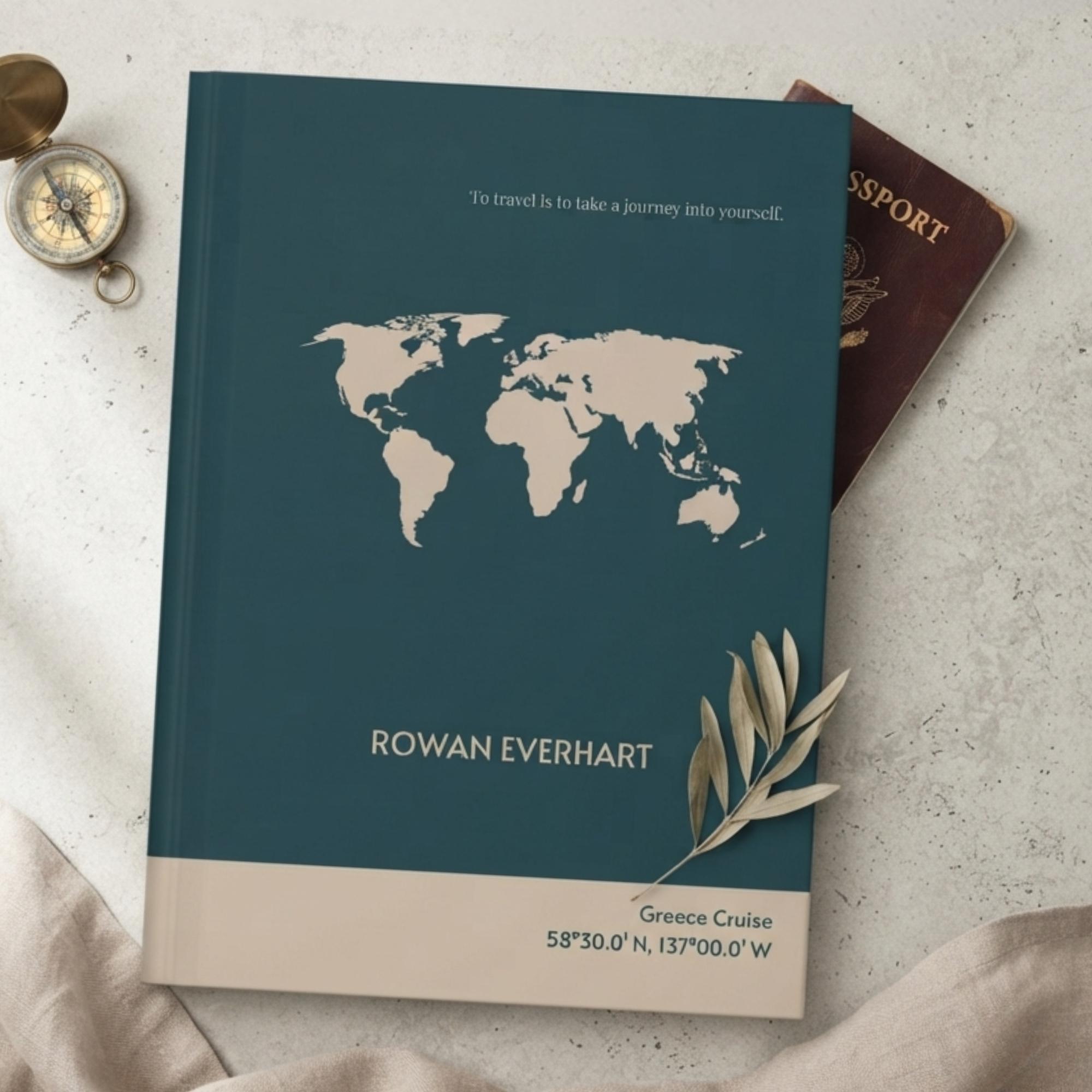 Personalized Travel Journal World Map Adventure Diary Vacation Memory Book Custom Name Wanderlust Gift Travel Notebook with Coordinates
