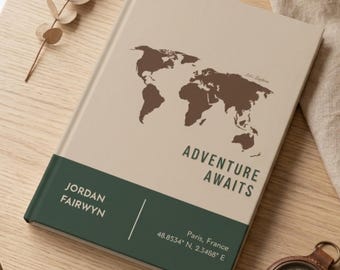 Diario di viaggio personalizzato, registro d'avventura, mappa del mondo, libro dei ricordi, l'avventura ti aspetta, regalo per esploratori.