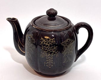 Vintage Japanese Teapot – Dark Brown Gold Gilt Floral Ceramic – Made in Japan Tea Pot (GL7S)