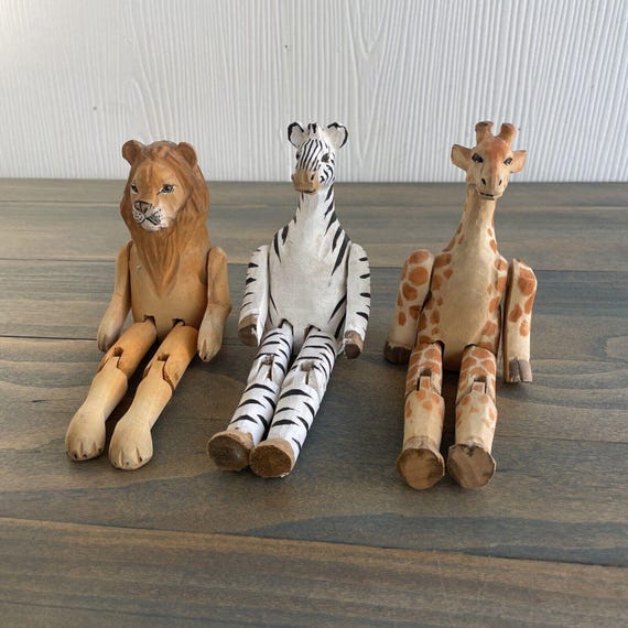 Vintage Hand Carved Wooden Giraffe Zebra Lion Safari Animals