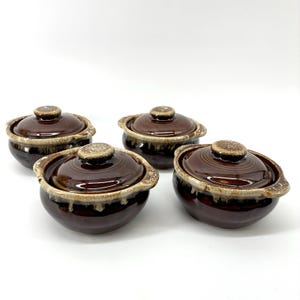 Hull Pottery Brown Drip Glaze Lidded Soup Bowls – Set of 4 – Vintage USA Pottery (SH)