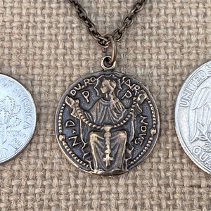 Bronze Notre Dame du Rosaire, Our Lady of the Rosary Pray for Us, Antique Replica, Medal Pendant Necklace, French Art Nouveau Marian Medal