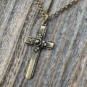 Antiqued Gold Cross Pendant & Necklace, Antique Replica of Rare European Rose Cross, Reproduction of Art Deco Circa 1930 Cross with Roses