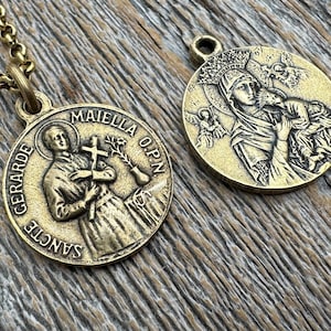 Antique Gold Saint Gerard Majella & Our Lady of Perpetual Help Pendant Necklace, Antique Replica Medal, Saint of Expectant Mothers Fertility