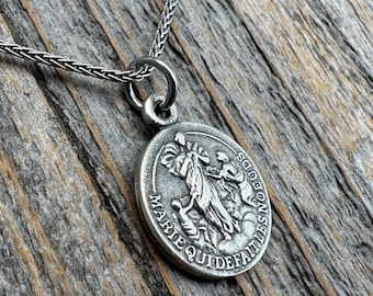 Sterling Silver Our Lady Undoer of Knots Medallion Necklace, Antique Reproduction of French Our Lady Untier of Knots Marian Devotion Pendant