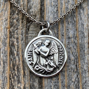 Sterling Silver St Michael Medal Necklace, Antique Replica French Saint Michael the Archangel Pendant, Saint Michel from France by Chambault