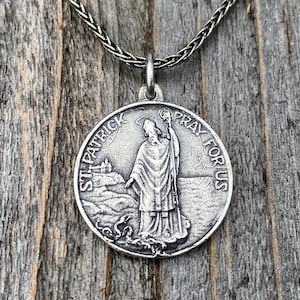 Sterling Silver Saint Patrick Medal and Necklace, Antique Replica of Rare Medal, Irish Catholic Gift, Patron Saint of Engineers & Ireland