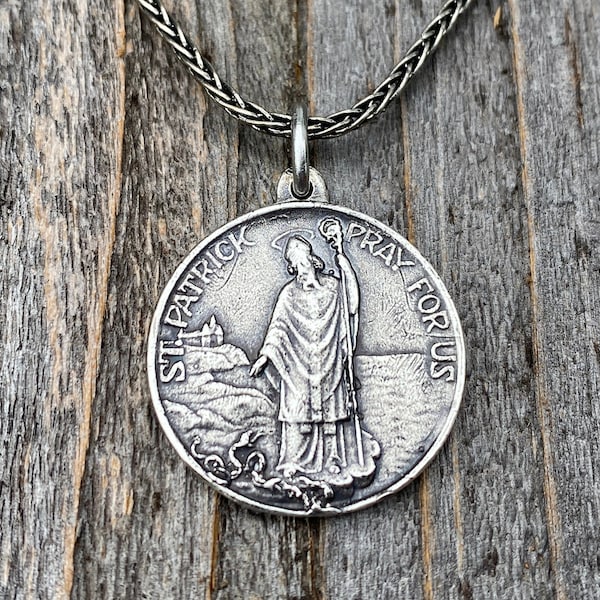 Sterling Silver Saint Patrick Medal and Necklace, Antique Replica of Rare Medal, Irish Catholic Gift, Patron Saint of Engineers & Ireland