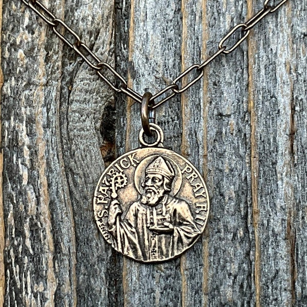 Small Bronze St Patrick Medallion and Necklace, Antique Replica of Rare Medal signed by Penin, Irish Catholic Gift, Patron Saint of Ireland