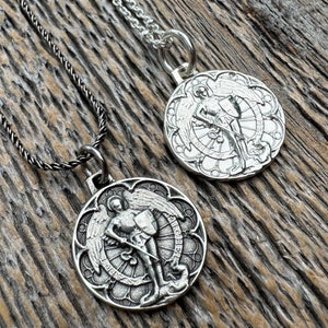 Small St Michael Medal, Shiny or Antiqued 925 Sterling Silver, Antique Replica of Rare French Medallion, Saint Michael the Archangel Pendant