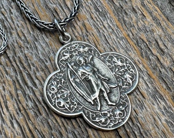 Sterling Silver, Antique Replica St. Raphael the Archangel Medallion, Angel of Healing, Oxidized Sterling Silver Necklace, Saint of Illness