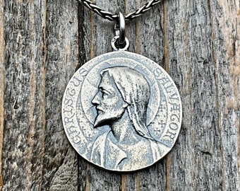 Sterling Silver Jesus Christ Medallion Pendant, French Antique Replica, Signed by Louis Tricard, Latin Christus Salvator - Christ the Savior