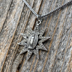 Sterling Silver Sun Shaped Miraculous Medal Necklace, Antique Replica, Our Lady of Miracles, Blessed Virgin Mary, Our Lady of the Miracle