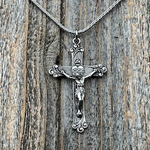 Sterling Silver Sacred Heart of Jesus Crucifix Pendant Necklace, Antique Replica, Large Sterling Silver Crucifix, Big Sacred Heart Pendant