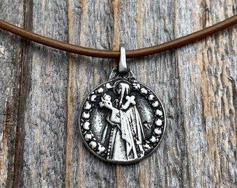 Antiqued Pewter St Thérèse of Lisieux Medal Pendant on Necklace, Antique Replica of Small St Theresa of the Child Jesus Charm by artist PY