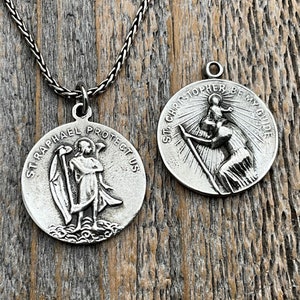 Sterling Silver Archangel Raphael & St Christopher Medallion Necklace, Antique Replica Protection 2-sided Medal, Saint Healing, Saint Safety