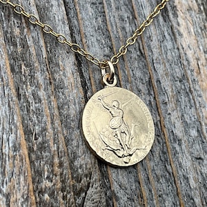 Gold St Michael Medallion Necklace, Antique Replica French Saint Michael the Archangel Pendant, Souvenir of Mont St Michel France by Penin