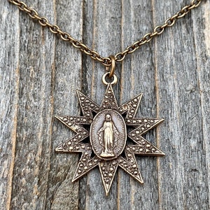 Bronze Sun Shaped Miraculous Medal Pendant Necklace, Antique Replica, Art Nouveau Miraculous Medal, Our Lady of Miracles Blessed Virgin Mary