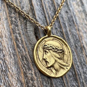 Antiqued Gold Crowned Jesus Christ Medal Pendant Necklace, Antique Replica, By French Artist Augis & Mazzoni Rare Christ Pendant from France