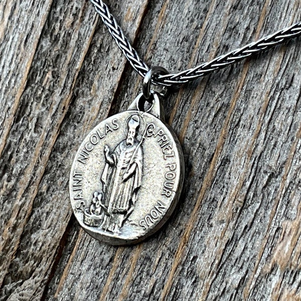 Sterling Silver St Nicolas French Medallion Necklace, Antique Replica Saint Nicholas Medal, Patron Saint of Children, France, Penin and Karo