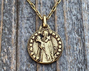 Antiqued Gold St Thérèse of Lisieux Medal Pendant on Necklace, Antique Replica, Small St Theresa of the Child Jesus Charm by Artist PY