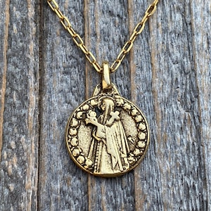 Antiqued Gold St Thérèse of Lisieux Medal Pendant on Necklace, Antique Replica, Small St Theresa of the Child Jesus Charm by Artist PY