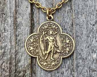 Antiqued Gold St. Raphael the Archangel Medal (Angel of Healing) Antique Replica Medallion Necklace and Healing Prayer, Patron Saint of Sick