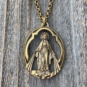 Antiqued Gold Large Openwork Miraculous Medal Pendant Necklace, Antique Replica, Rare unusual Antique Blessed Virgin Mary, Our Lady Miracles