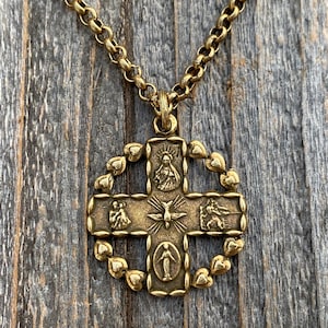 Antique Gold 5-Way Cross Medal, Antique Replica Pendant Necklace, 4-Way Catholic Medal, Border of Hearts, Holy Spirit Dove Center, St Joseph