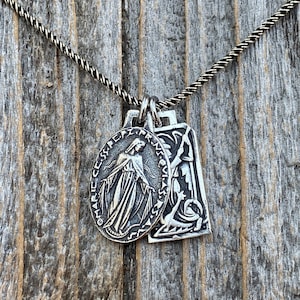 Sterling Silver St Michael and/or Miraculous Medal Cluster Pendant Necklace, French Antique Replica Medallions, Signed by PY, Archangel