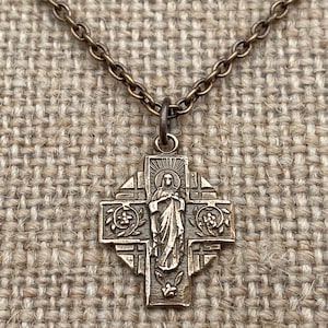 Bronze Unsere Liebe Frau vom Karmel Skapulierkreuz Medaille und Halskette, antike Replik, Unbeflecktes Herz Mariens, Jungfrau Maria, Karmelit