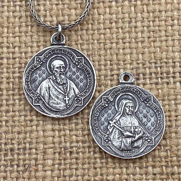 Médaille d’argent sterling réversible De Saint-François de Sales & Sainte-Jeanne de Chantal, réplique antique Français, artistes Penin Poncet, chaîne Spiga de blé