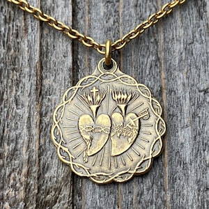 Antiqued Gold Sacred Heart of Jesus and Immaculate Heart of Mary Medal Pendant Necklace, Antique Replica Twin Hearts Pendant, Catholic Medal