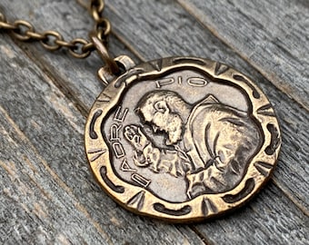 Bronze Saint Padre Pio Antique Replica Medal Pendant Necklace, Saint Pius of Pietrelcina, Stigmatized Priest, Healing, Miracles, Stigmata
