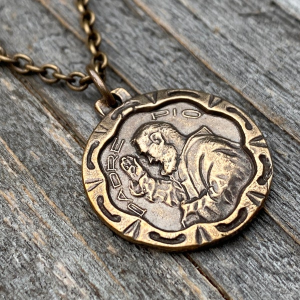 Bronze Saint Padre Pio Antique Replica Medal Pendant Necklace, Saint Pius of Pietrelcina, Stigmatized Priest, Healing, Miracles, Stigmata