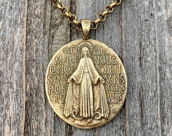 French Miraculous Medal in Antiqued Gold, Oxidized Gold Bronze, Antique Replica, Rolo Necklace, Our Lady of the Miracle, Blessed Mother MM1