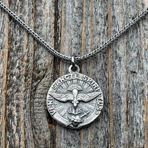 Sterling Silver Come Holy Ghost Medal, Holy Spirit Pendant Necklace, Antique Replica, Sacred Heart of Jesus, Veni Sancte Spiritus, VSS-1