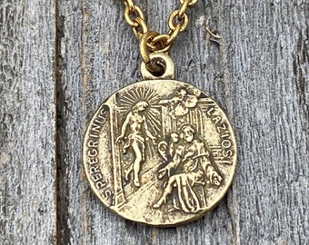 Antiqued Gold St. Peregrine Laziosi Anhänger - Hand gegossen Antike Reproduktion St. Peregrinus Pellegrino Medaille (Patron Heiliger des Krebses)