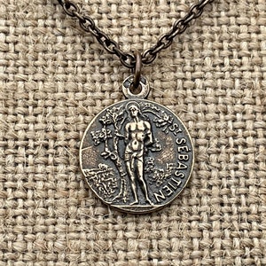 Saint Sebastian Bronze Medal and Necklace, Antique Replica, Patron Saint of Athletes & Soldiers Pendant, Rare French St Sebastien Medallion