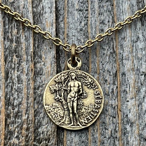 Antiqued Gold Saint Sebastian Pendant (St Sebastien in French), Handmade Antique Replica Medal (Patron Saint of Athletes and Soldiers)