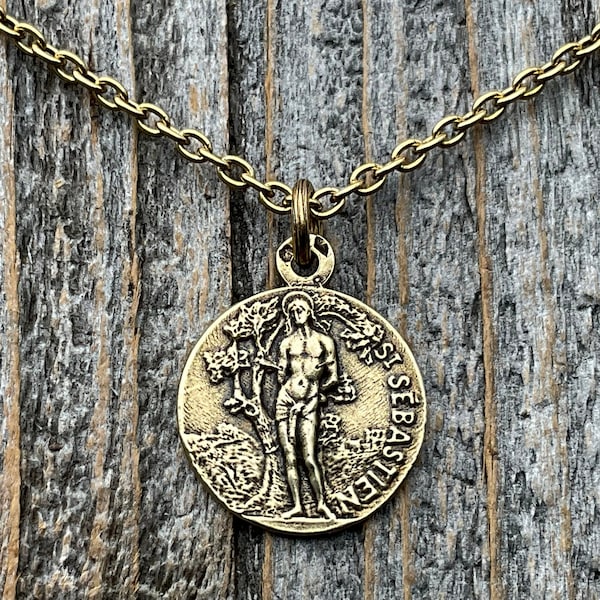 Antiqued Gold Saint Sebastian Medal Necklace, Patron Saint Athletes Soldiers, Antique Replica of Rare French St Sebastien Medallion Pendant