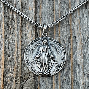 Sterling Silver Round Miraculous Medal Pendant Necklace, Antique Replica Circle Medallion, O Mary Conceived Without Sin Pray for Us, MM2