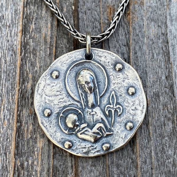 Sterling Silver Large Mary and Baby Jesus Fleur de Lis Pendant, Antique Replica French Medal, Sterling Silver Wheat Chain, Elie Pellegrin